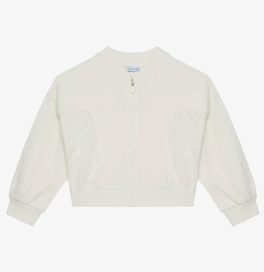 Cream Cropped Eyelet And Knit Zip Up Sweater-Mayoral
