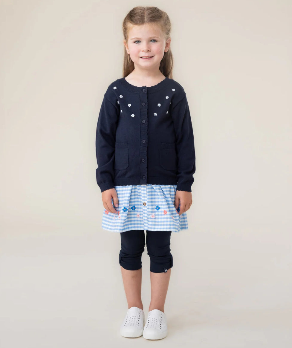Girls Navy Cardigan With White Flowers-Nano