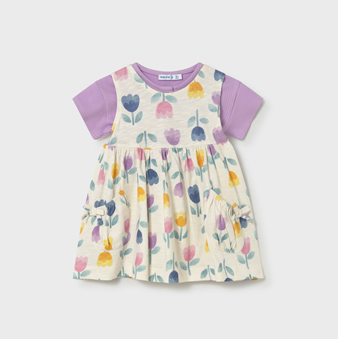 Two Piece Lilac Flower Dress with Short Sleeve Sweater-Mayoral