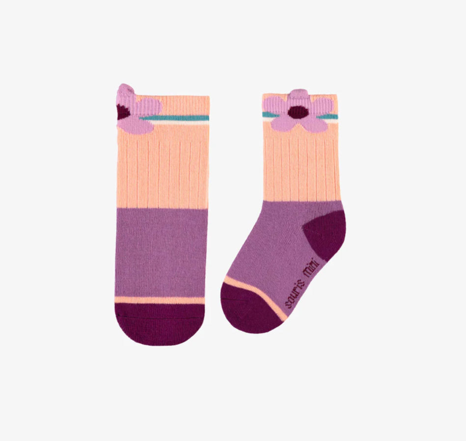 Peach And Mauve Socks With Flower-Souris Mini