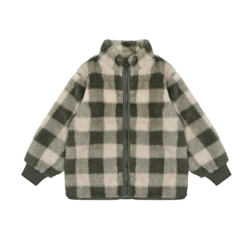 Beige and Green Gingham Sherpa Jacket - Minymo