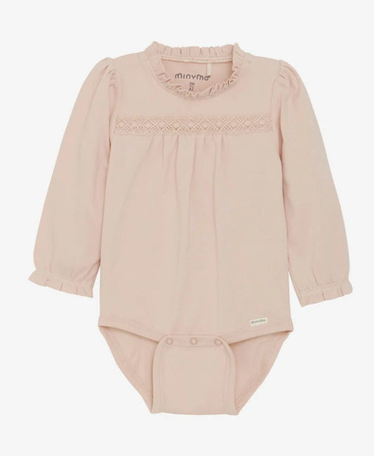 Blush Ruffle Neck Long Sleeved Striped Bodysuit In Cotton-MinyMo