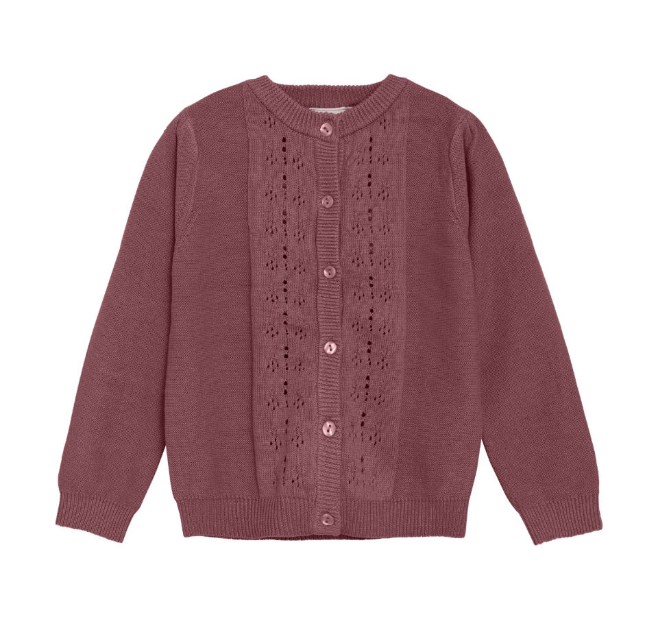 Muted Burgundy Knit Girls Cardigan with Embroidered Detail -Minymo