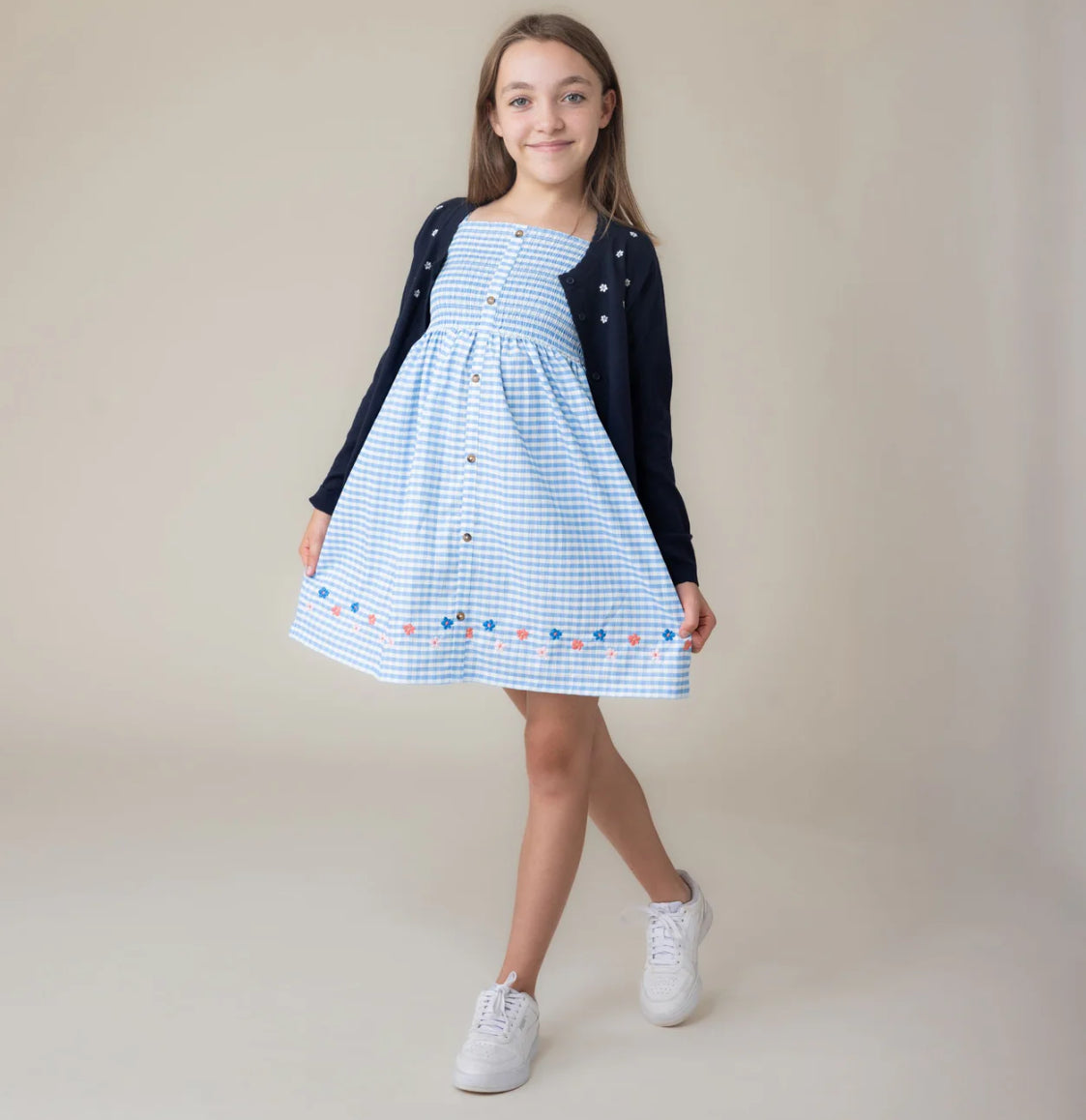 Girls Navy Cardigan With White Flowers-Nano