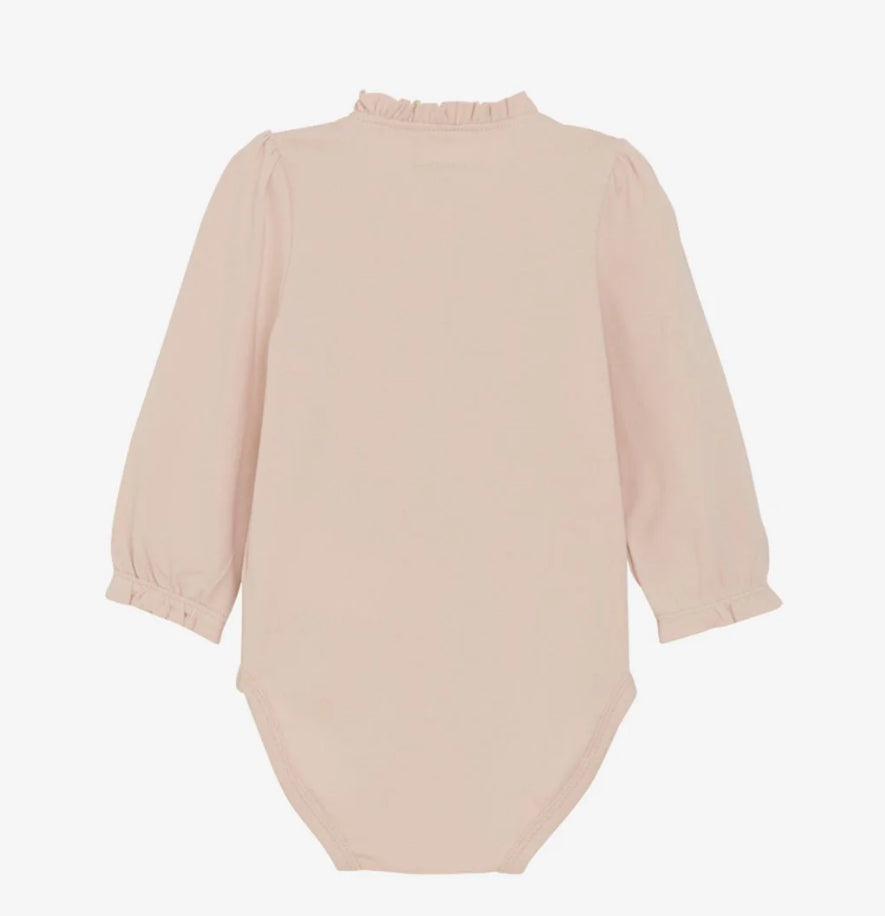 Blush Ruffle Neck Long Sleeved Striped Bodysuit In Cotton-MinyMo