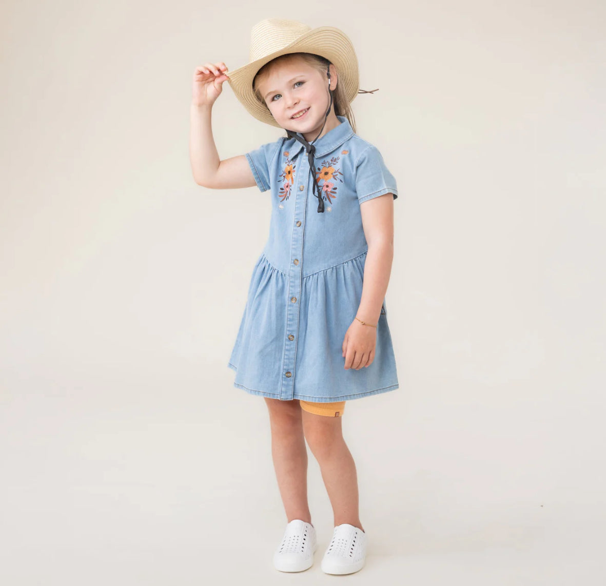 Girls Western Denim Dress With Flowers-Nano