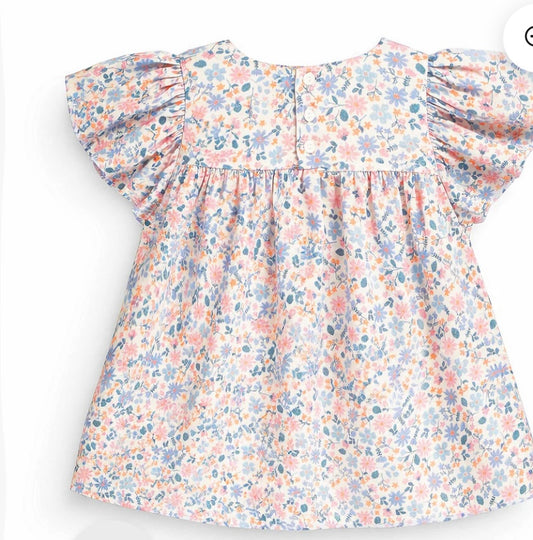 Pink and Blue Flowery Dress With Flounce Sleeves-Souris Mini