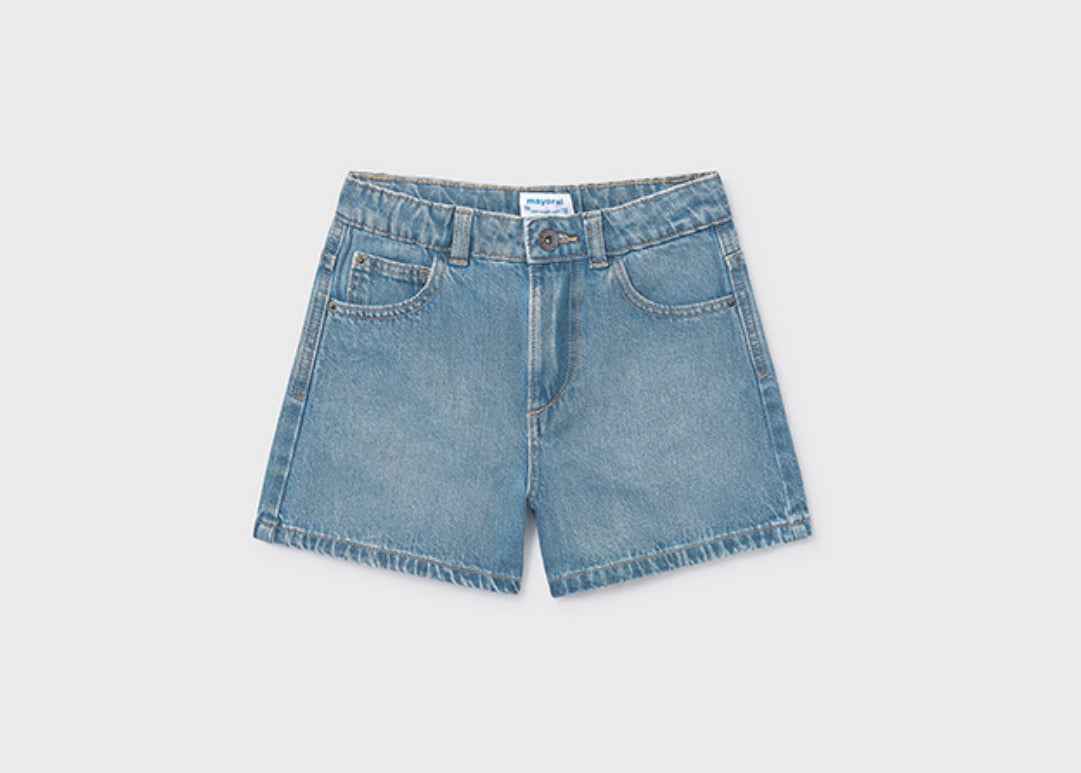 High Waisted Adjustable Waist Light Wash Denim Shorts-Mayoral