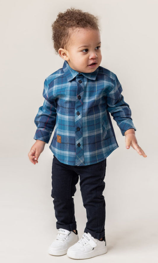 Blue Baby Long Sleeve Plaid Shirt with Knit Back-Nano