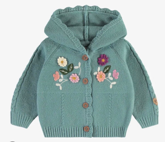 Hooded Cardigan In Ash Blue With Embroidery And Scalloped Edge-Souris Mini