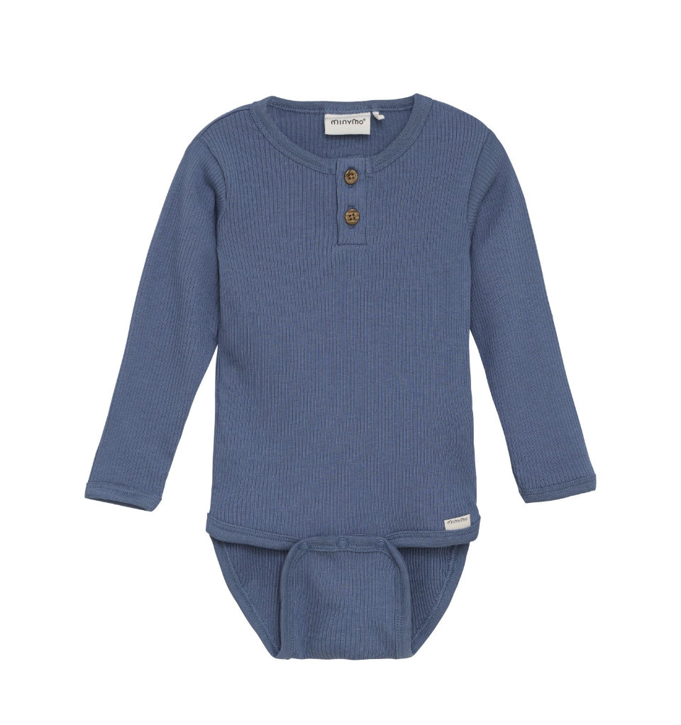 Solid Ribbed Cotton Body Suit Henley Style -Minymo -3 Colours