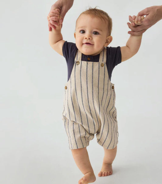 Baby Beige And Navy Striped Overalls-Minymo