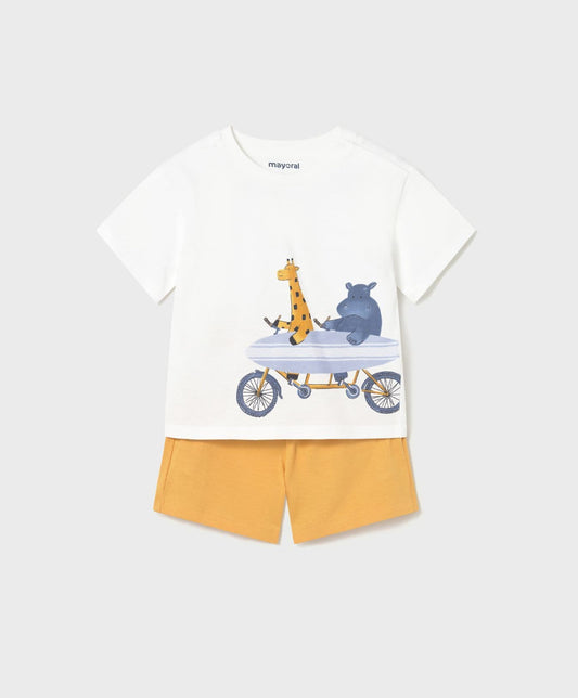 Two Piece Knit Set With Orange Shorts And Animal T Shirt-Mayoral