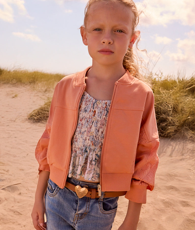 Orange Cropped Eyelet And Knit Zip Up Sweater-Mayoral