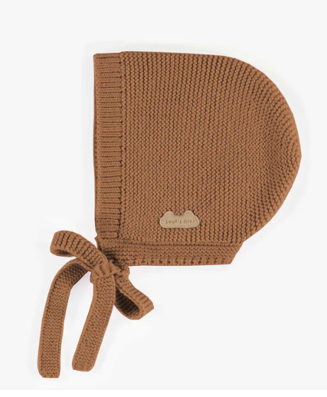 baby knit bonnet, brown bonnet, baby bonnet