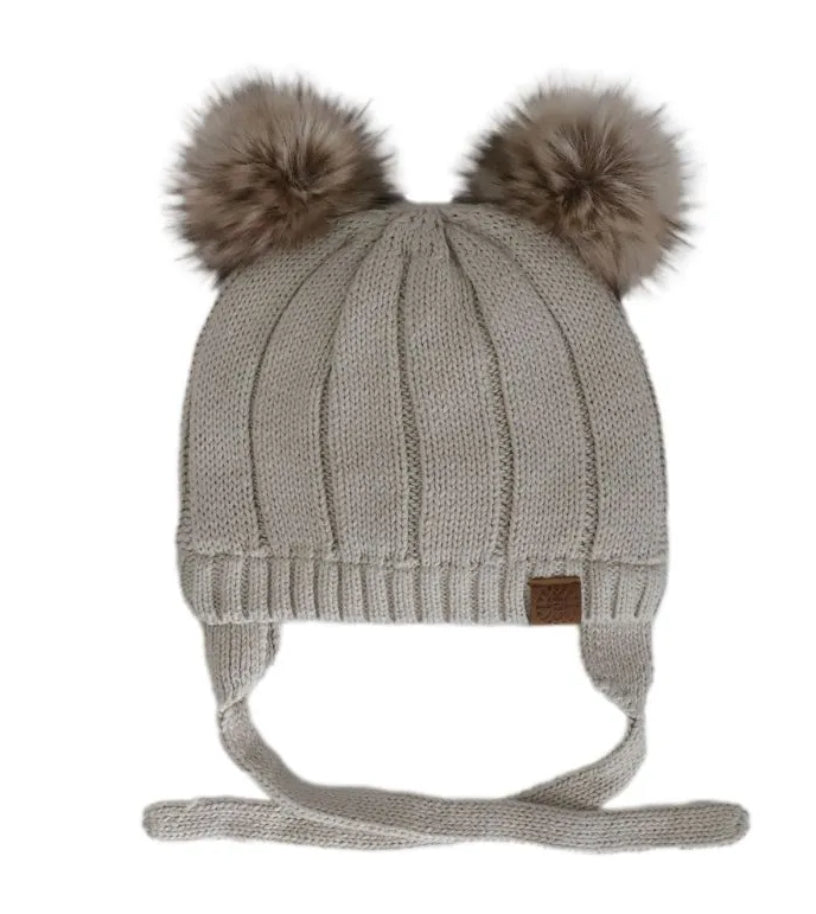 Double PomPom Lined Knit Cotton Hat-Calikids