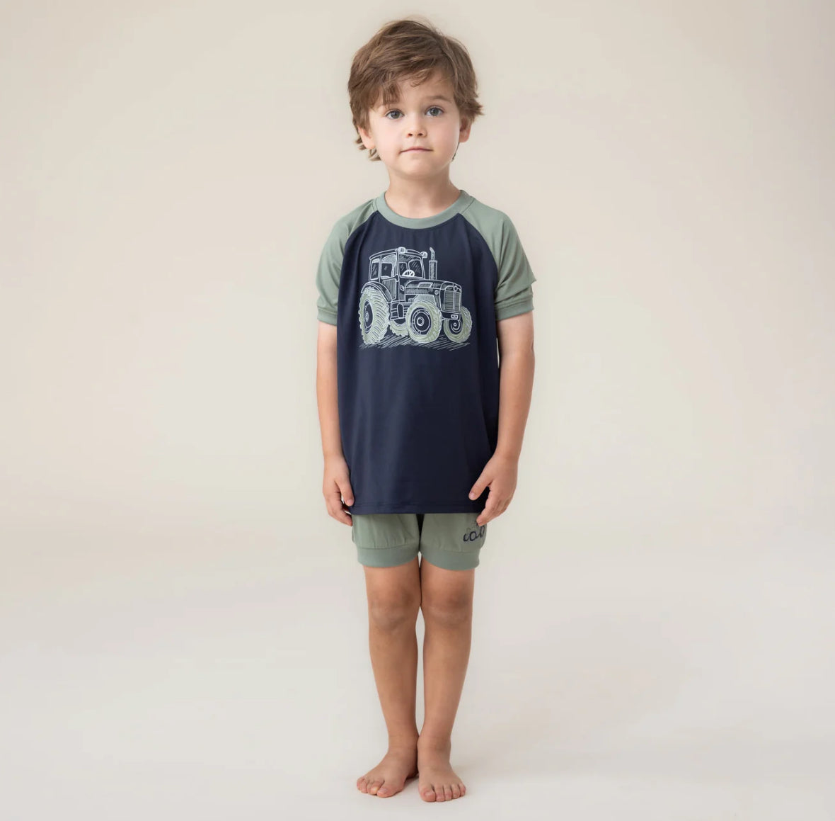 Boys 3 Piece Tractor Green Pyjama Set-Nano