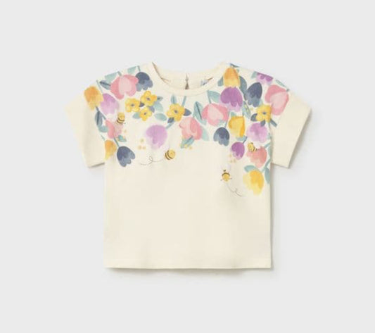 Cream Floral Short Sleeve Top-Mayoral