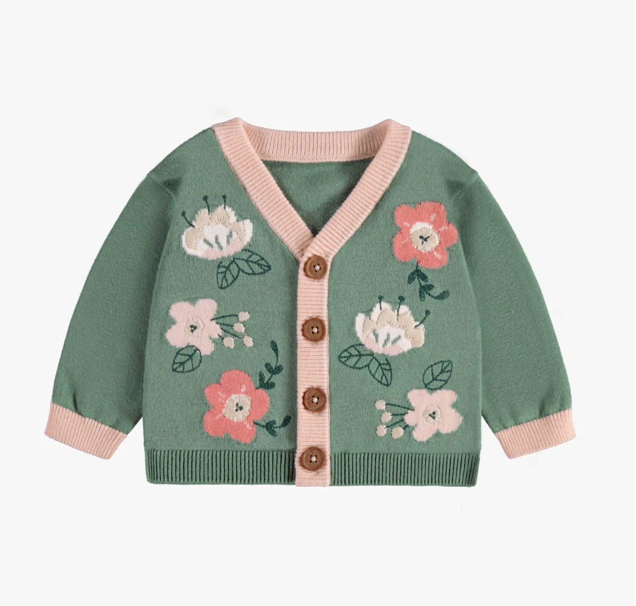 Green Long Sleeve Knitted Vest With Flowers In jacquard Pattern-Souris Mini