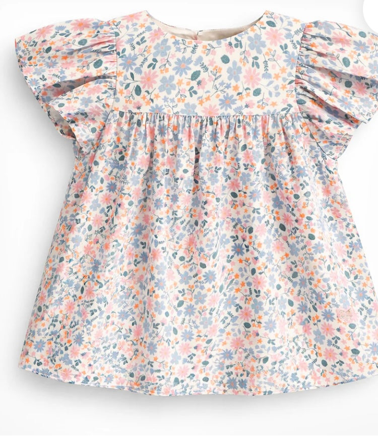 Pink and Blue Flowery Dress With Flounce Sleeves-Souris Mini