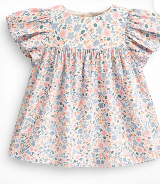 Pink and Blue Flowery Dress With Flounce Sleeves-Souris Mini