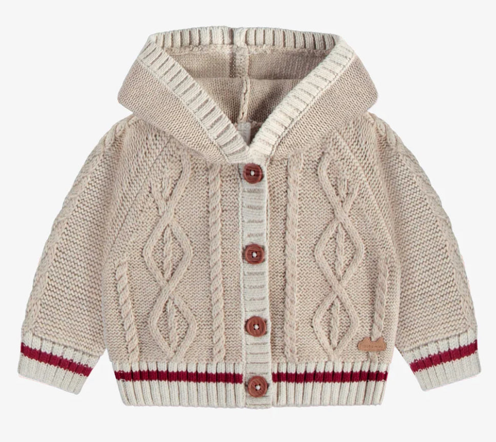 Cream Cable Knit Cardigan with PomPom Hood -Souris Mini