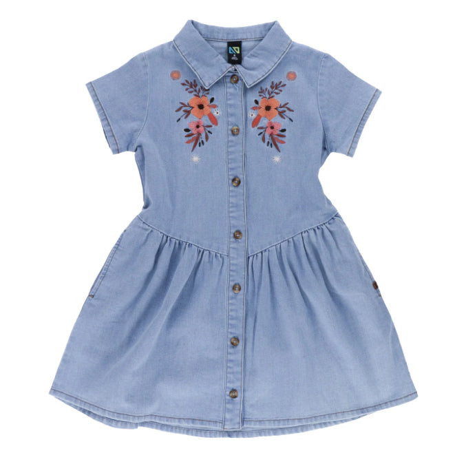 Girls Western Denim Dress With Flowers-Nano