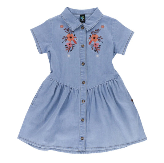 Girls Western Denim Dress With Flowers-Nano