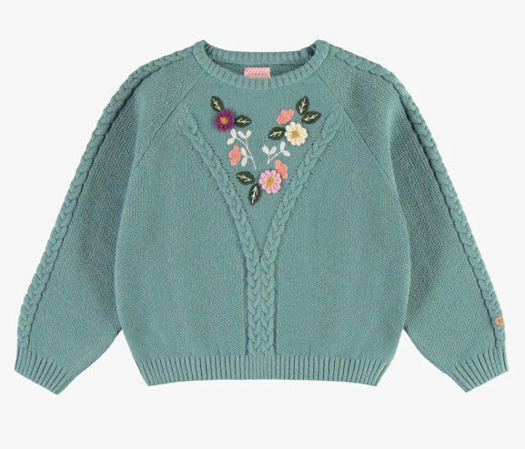 Ash Blue Long Sleeve Knit Sweater With Embroidered Detail-Souris Mini