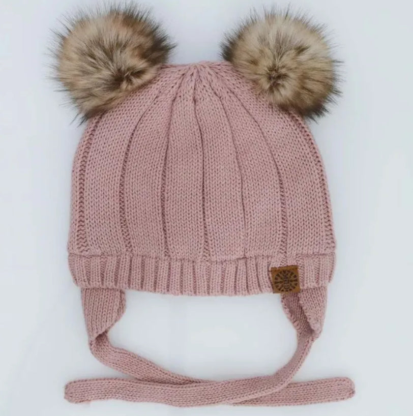 Double PomPom Lined Knit Cotton Hat-Calikids