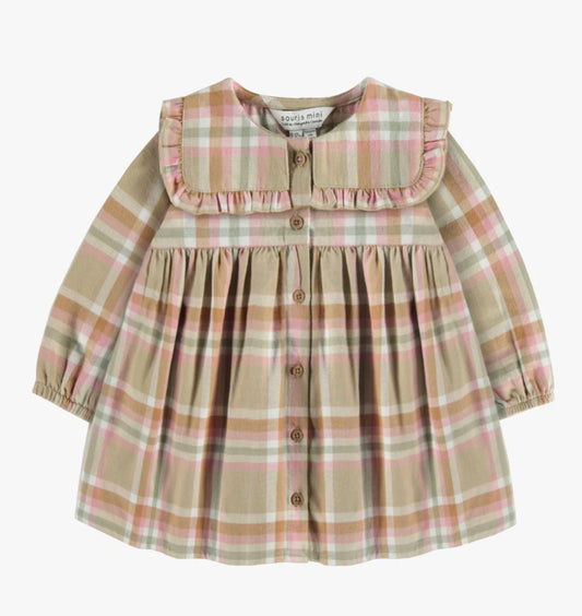 Baby Beige And Pink Plaid Dress In Brushed Twill-Souris Mini