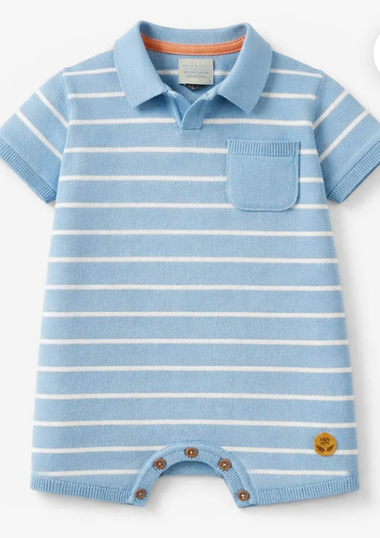 Blue and White Striped Polo Romper In Soft Knit-Souris Mini