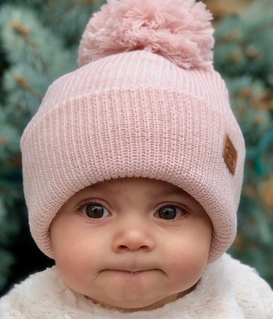 pink touque, baby girl touque, pompom touque