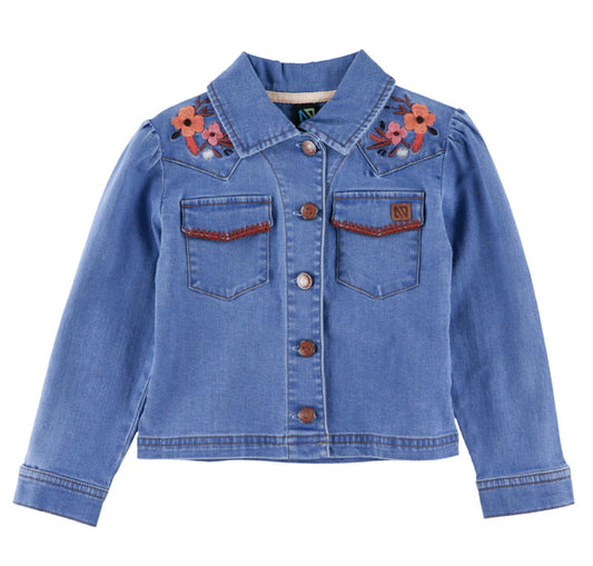 Girls Western Denim Jean Jacket With Flowers-Nano