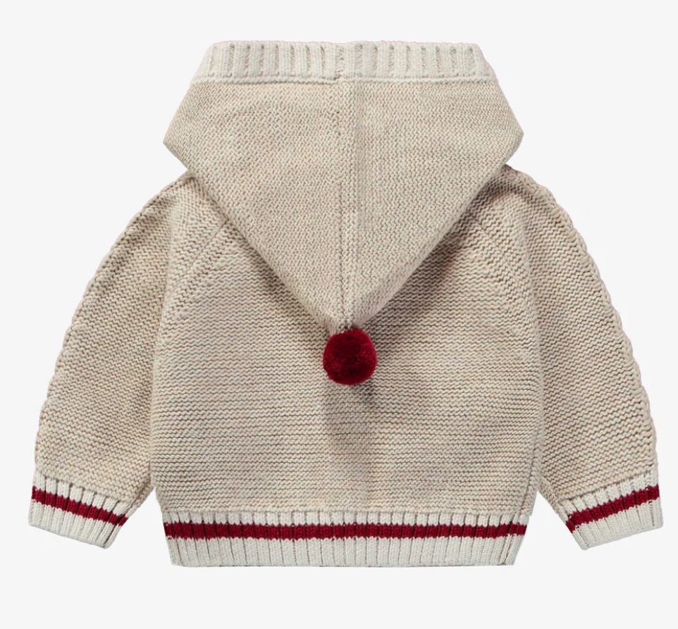 Cream Cable Knit Cardigan with PomPom Hood -Souris Mini