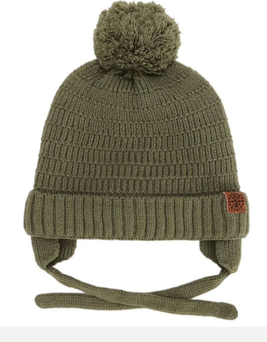 Olive Lined Knit Hat With Pom and Ears -(Fur Lined)Calikids