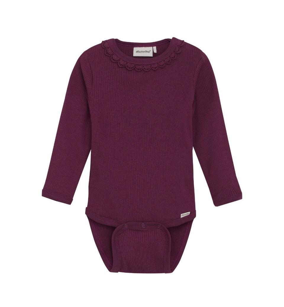 Soft Ribbed Long Sleeved Bodysuit with Lace Trim In Cotton-MinyMo - 2 colours