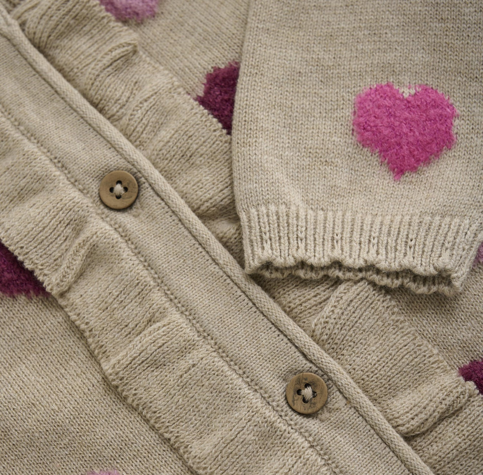 Cream Heart Knit Cardigan with Ruffle Trim-Minymo