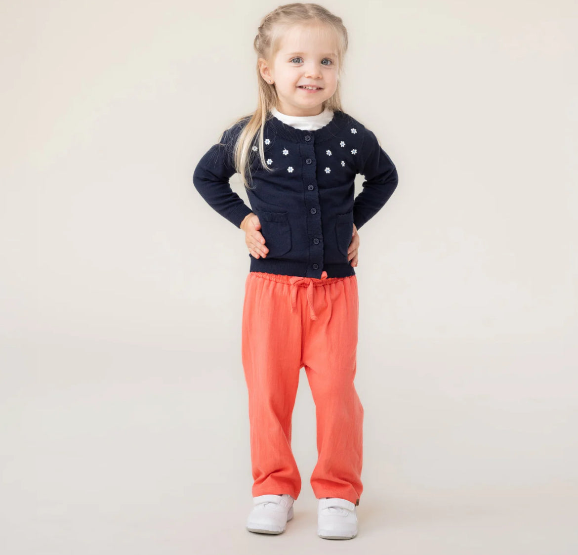 Girls Navy Cardigan With White Flowers-Nano