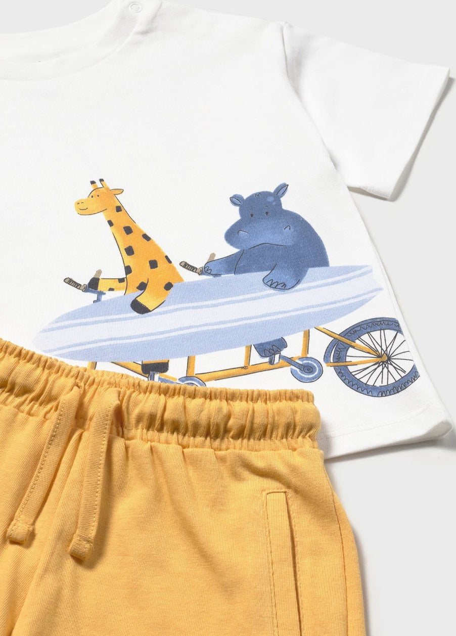 Two Piece Knit Set With Orange Shorts And Animal T Shirt-Mayoral