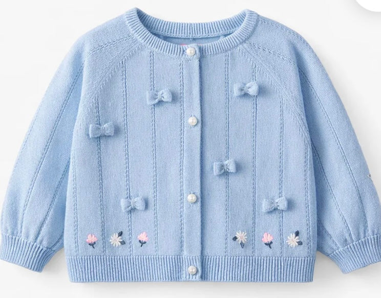 Blue Knit Cardigan with Bows and Flowers -Souris Mini