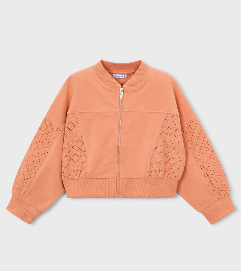 Orange Cropped Eyelet And Knit Zip Up Sweater-Mayoral
