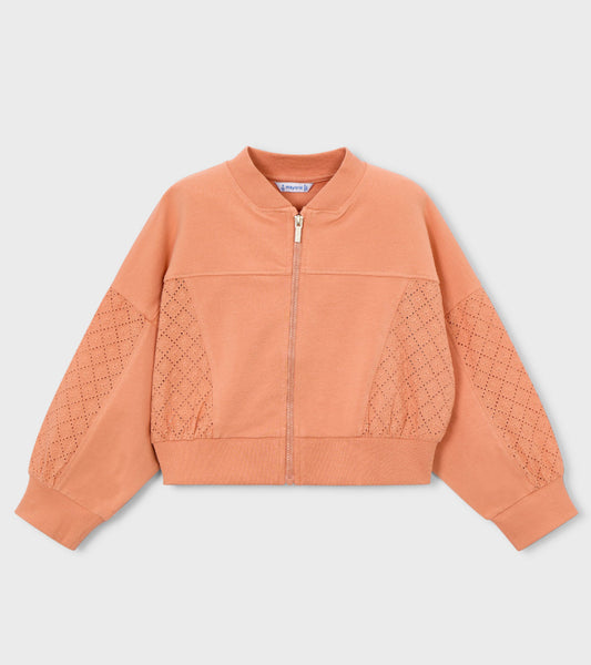 Orange Cropped Eyelet And Knit Zip Up Sweater-Mayoral