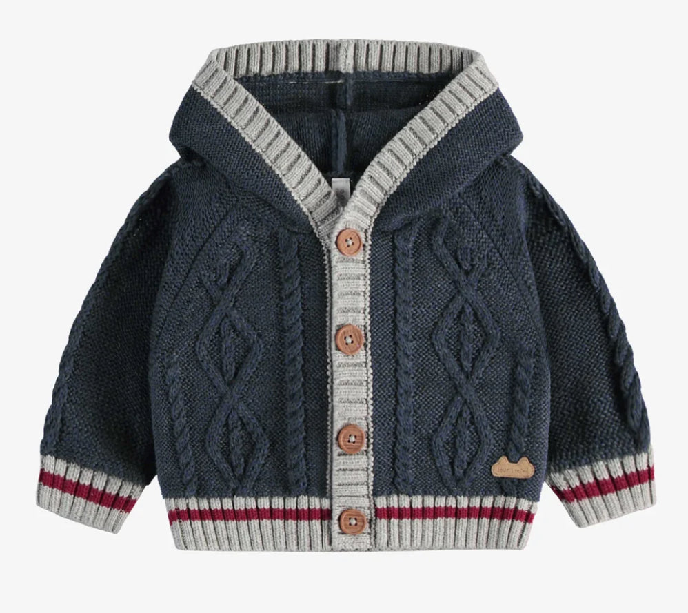 Navy Cable Knit Cardigan with PomPom Hood -Souris Mini