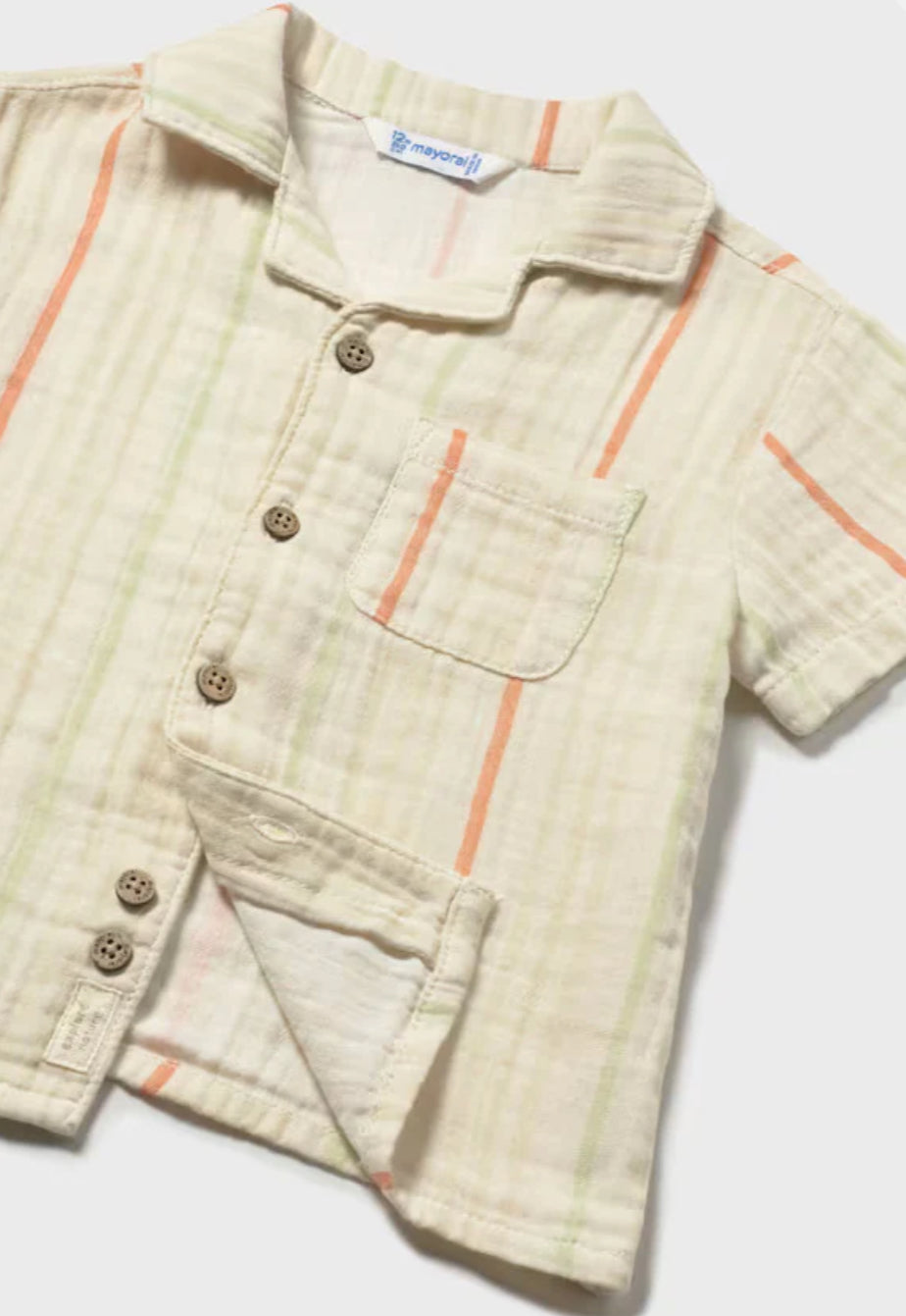 Gauze Cream Striped Button Down Short Sleeve Top-Mayoral