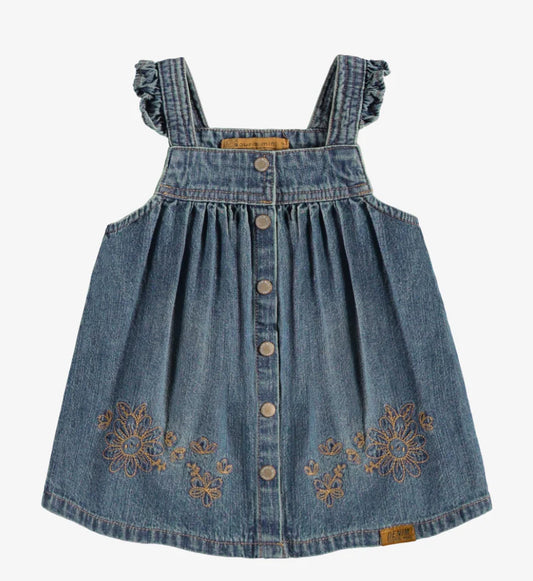 Denim Baby Jumper with Brown Flower Embroidery and Ruffle Straps, Souris Mini