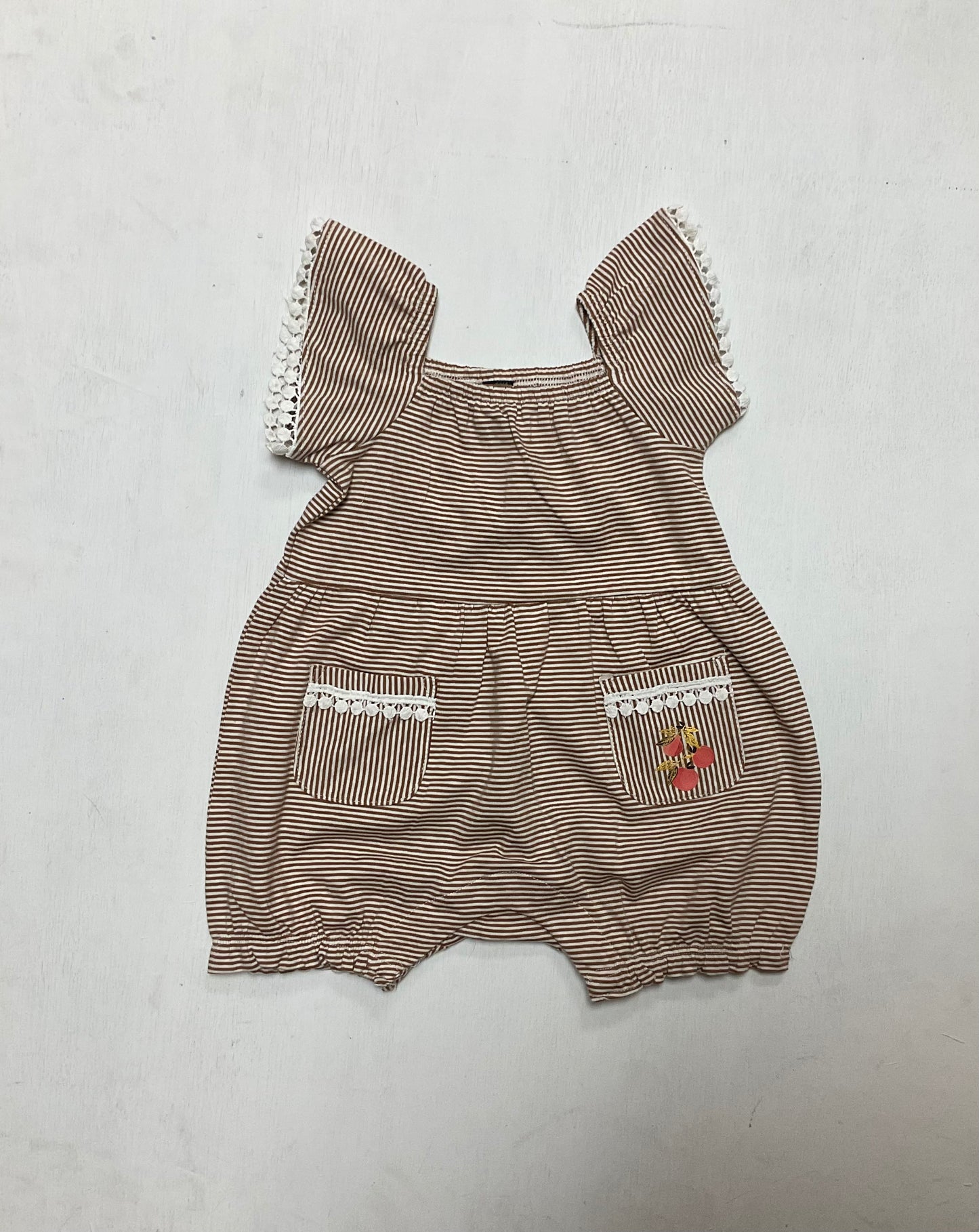 Tan and White Stripe Romper With Peach Pocket-Nano