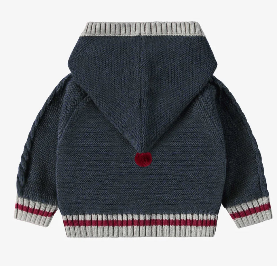 Navy Cable Knit Cardigan with PomPom Hood -Souris Mini