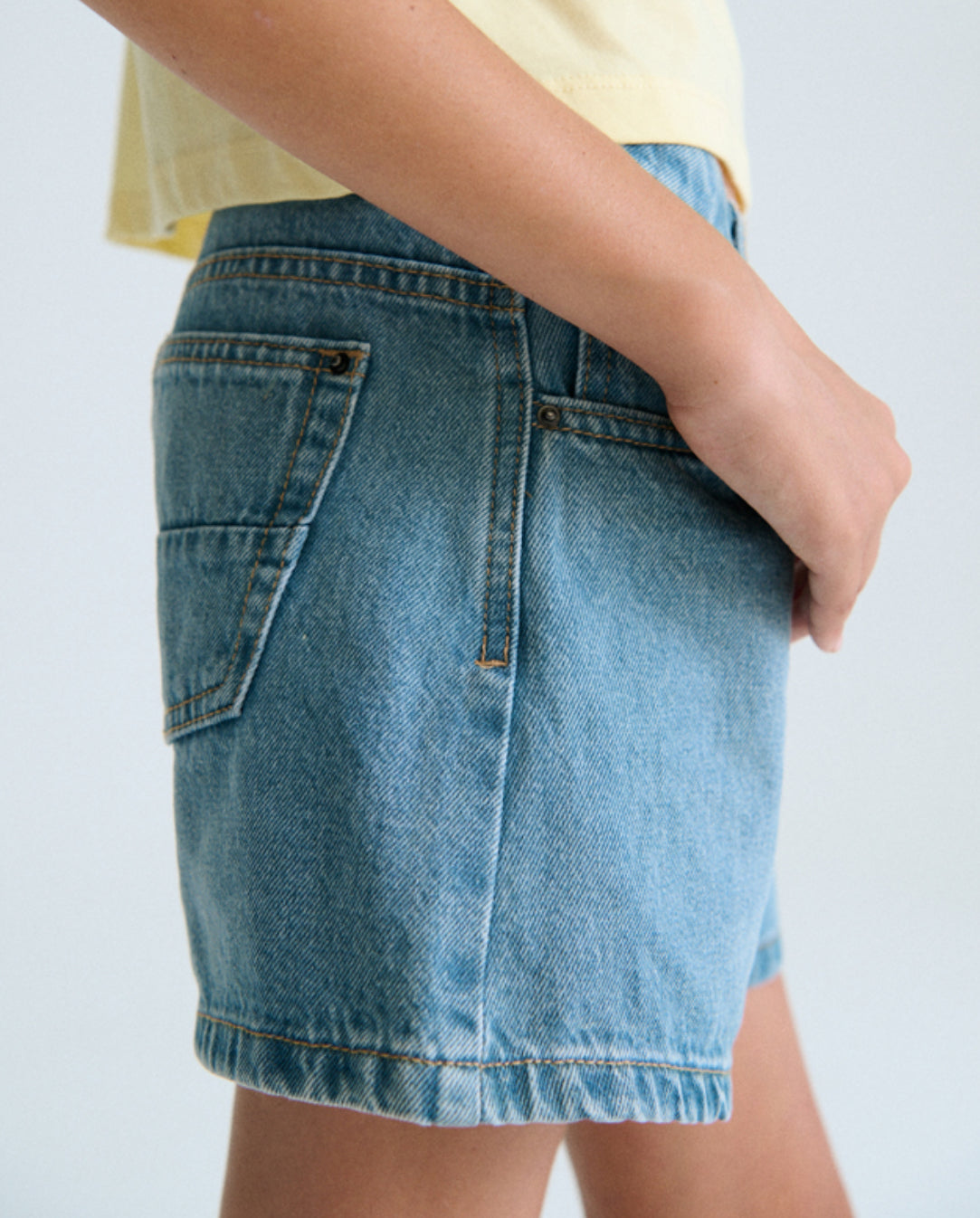 High Waisted Adjustable Waist Light Wash Denim Shorts-Mayoral