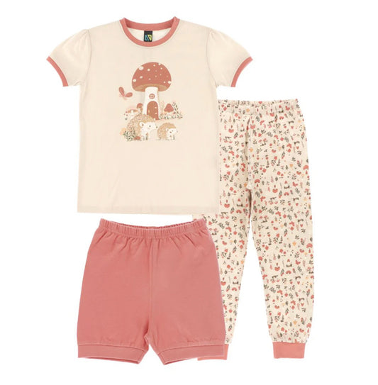 Girls Mushroom 3 Piece Ivory And Pink Glow In The Dark Pyjama Set-Nano